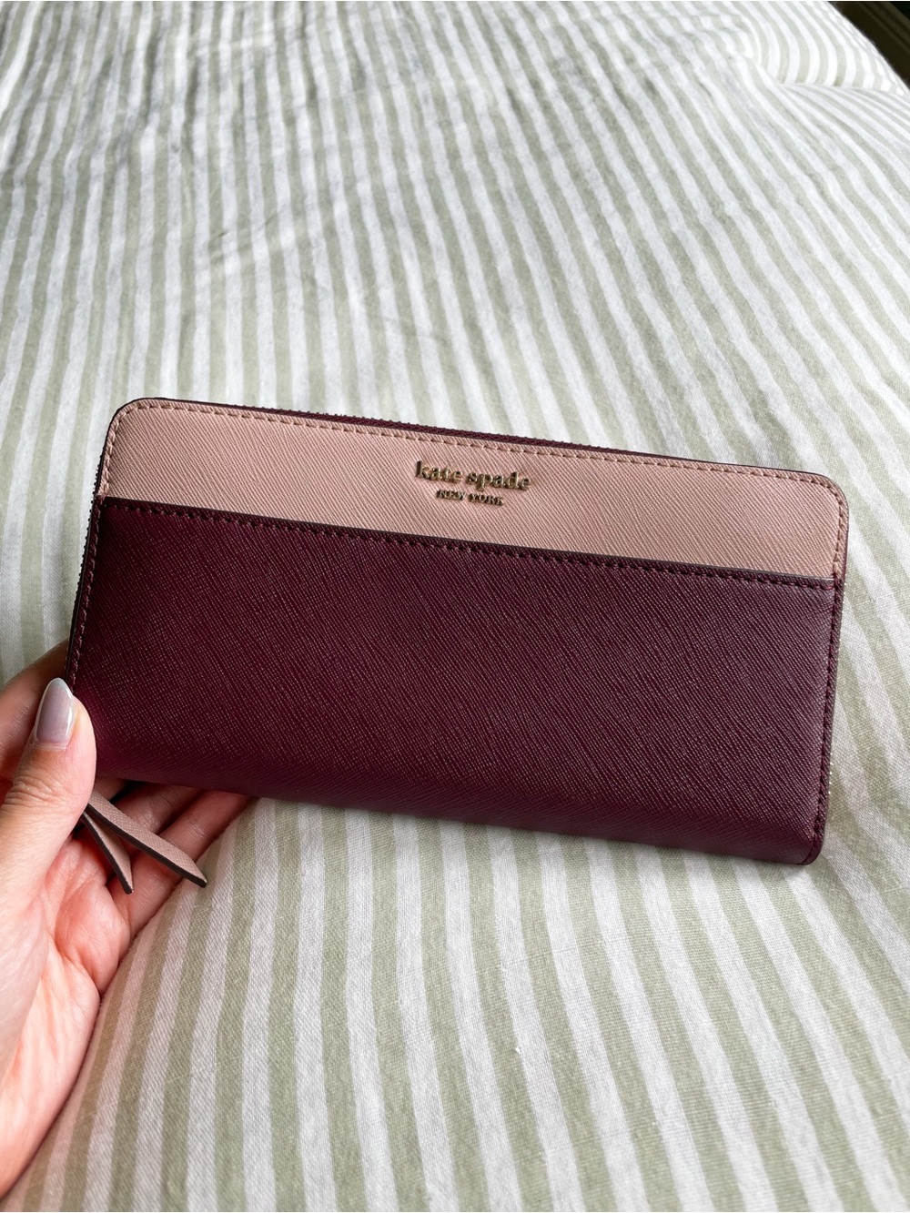 Kate Spade Cameron Large Zip Around Wallet Rose Smoke Wine Colorblock Accordion